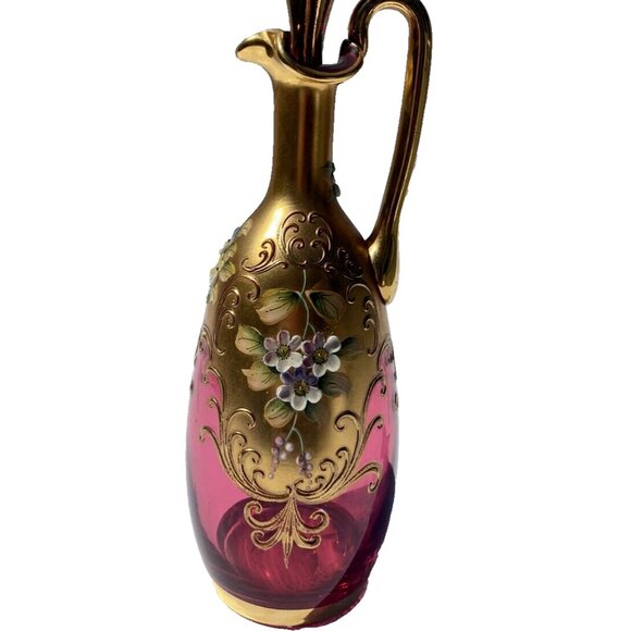 Cranberry Bohemian Glass Cruet, Gilded, Hand-painted, enameled appliques - Picture 3 of 13